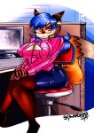 2015 5_fingers anthro bent_legs big_breasts biped blue_eyes blue_hair bottomwear breasts canid canine chair cheek_tuft cleavage cleavage_cutout clothed clothing computer cubicle dated desk eyelashes eyewear facial_tuft female fingers finley_foxxen fox fur furniture glasses hair hand_on_hand headgear headphones headset hi_res holding_leg inner_ear_fluff keyboard keyhole_turtleneck knees_together knock-kneed legwear long_hair looking_at_viewer mammal nipple_outline office onat orange_body orange_fur original pantyhose raised_tail signature sitting skirt smile solo stockings sweater table tail tight_clothing topwear tuft turtleneck wide_hips