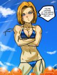 android_18 angry bikini blush breasts cleavage clouds crossed_arms dragon_ball_z ganassa