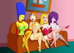 4girls american_dad big_breasts blue_hair breasts cleavage couch family_guy fishnet_legwear fishnets francine_smith futurama hair high_heels imminent_sex lois_griffin looking_at_viewer marge_simpson mcrassos milf nipples the_simpsons turanga_leela yellow_skin