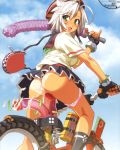  1girl after_anal after_sex anus arrow_(symbol) bicycle bicycle_dildo blush dildo dildo_bat duplicate gloves green_eyes ground_vehicle kneepits looking_back lube masturbation mountain_bicycle nishii_(nitroplus) nitroplus object_insertion panties panties_around_one_leg pinky_out pleated_skirt pussy_juice school_uniform sex_machine sex_toy short_hair skirt socks solo tan tan_line uncensored underwear vaginal vaginal_object_insertion white_hair 