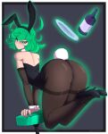 1girl ass bare_shoulders bent_over big_ass blush bottle bunny_ears bunny_tail bunnysuit clothed clothed_female clothing female_focus female_only green_eyes green_hair high_heels high_res large_ass levitation looking_at_viewer looking_back mature mature_female one-punch_man platter presenting short_hair simple_background solo_female solo_focus stool tatsumaki tippydoodles wide_hips
