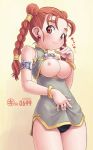  1girl armlet blush bracelet braid breasts brown_eyes brown_hair cameltoe china_dress chinese_clothes chunsoft dragon_quest dragon_quest_iv dragon_quest_viii dress dress_lift enix jessica_albert jessica_albert_(dragon_quest) jewelry kei_jiei long_hair nipples open_clothes panties smile solo square_enix twin_braids underwear 