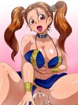  1girl alternate_costume breast_hold breasts brown_eyes brown_hair censored cowgirl_position cum cum_in_pussy dragon_quest dragon_quest_viii earrings girl_on_top highres jessica_albert jessica_albert_(dragon_quest) jewelry large_breasts lipstick long_hair makeup open_mouth panties panties_aside penis pussy pussy_juice raburebo sex solo_focus spread_legs square_enix straddling sweat twintails underwear vaginal 