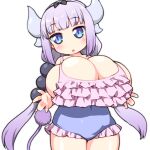  1girl :o accessory argentdel bangs big_breasts blue_eyes blunt_bangs blush breasts cleavage dragon_humanoid frilled_swimsuit frills hair hair_accessory hair_ornament hairband horn horned_humanoid horns huge_breasts humanoid kanna_kamui lavender_hair light-skinned_female light_skin long_hair looking_at_viewer mammal_humanoid miss_kobayashi&#039;s_dragon_maid one-piece_swimsuit open_mouth purple_hair shiny shiny_skin sidelocks simple_background standing swimsuit swimwear thick_thighs thighs twin_tails white_background 