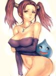  1girl :d bare_shoulders black_eyes blue_skin bottomless breast_hold breasts cleavage convenient_leg cowboy_shot dragon_quest dragon_quest_viii erect_nipples frown fumio_(rsqkr) groin happy holding_arm jessica_albert jessica_albert_(dragon_quest) jewelry long_sleeves looking_away monster mound_of_venus navel necklace off_shoulder open_mouth pendant purple_shirt red_eyes red_hair rough sad shirt simple_background sketch slime slime_(dragon_quest) smile solo square_enix thick_thighs thighs twintails 