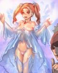  1boy 1girl bare_shoulders bow_(bhp) breasts dissolving_clothes dragon_quest dragon_quest_viii hero_(dq8) highleg highleg_panties highres jessica_albert jessica_albert_(dragon_quest) jewelry navel necklace orange_eyes orange_hair panties robe see-through solo square_enix thighhighs twintails underwear water water_robe_(dq) 