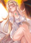 1girl bed big_breasts blonde_hair button_down_shirt core_crystal hairband inoue_takuya inoue_takuya_(pixiv_99697) long_hair looking_at_viewer mythra naked_from_the_waist_down naked_shirt nintendo on_bed pillow shirt shirt_only white_shirt xenoblade_(series) xenoblade_chronicles_2 yellow_eyes