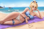  alluring arduina arduina_(artist) beach bikini blonde_hair blue_eyes cute genshin_impact heart_shape insanely_hot jean_gunnhildr ocean 