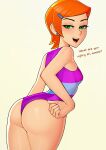 1girl aged_up ass ben_10 breast cartoon_network dat_ass dialogue english_text eye_contact female_only green_eyes gwen_tennyson loodncrood looking_at_viewer one-piece_swimsuit orange_hair short_hair solo_female standing swimsuit teen text thick_thighs thighs