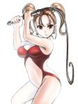 1girl breasts brown_eyes bule cleavage dragon_quest dragon_quest_viii earrings jessica_albert jessica_albert_(dragon_quest) jewelry long_hair one-piece_swimsuit orange_hair solo square_enix swimsuit twintails whip