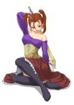  1girl :d arm_support arm_up bangs bare_shoulders belt black_legwear breasts brown_eyes brown_hair cleavage corset dragon_quest dragon_quest_viii dress earrings erect_nipples feet frilled_skirt frills full_body gem head_tilt holding holding_weapon jessica_albert jessica_albert_(dragon_quest) jewelry knee_up legs lips long_sleeves looking_at_viewer makochin naughty_face off_shoulder open_mouth over_shoulder purple_shirt shirt short_hair short_twintails simple_background sitting skirt smile solo square_enix strapless_dress sword taut_clothes thighhighs twintails weapon weapon_over_shoulder white_background yokozuwari 