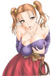  1girl bare_shoulders breast_grab breast_lift breast_squeeze breasts brown_eyes brown_hair dragon_quest dragon_quest_viii dress earrings erect_nipples grabbing huge_breasts jessica_albert jessica_albert_(dragon_quest) jewelry no_bra orange_hair purple_shirt shirt solo square_enix st.germain-sal strapless strapless_dress twintails 