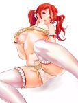 1girl arm_garter bad_id bra breasts dragon_quest dragon_quest_viii hand_in_panties jessica_albert jessica_albert_(dragon_quest) lingerie long_hair looking_at_viewer masturbation momin_(graceland) navel open_mouth orgasm panties purple_legwear pussy_juice red_eyes red_hair saliva solo square_enix sweat thighhighs twintails underwear 