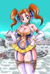  1girl alternate_costume blush breasts brown_eyes cleavage dragon_quest dragon_quest_viii female hands_on_hips jessica_albert jessica_albert_(dragon_quest) navel orange_hair outdoors plump sky smile solo square_enix 