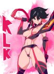  1girl :&lt; adapted_costume alternate_costume areola_slip areolae black_hair boots breasts doxy elbow_gloves frown garter_belt garter_straps gloves hairpods kill_la_kill matoi_ryuuko multicolored_hair over_shoulder red_hair revealing_clothes scissor_blade senketsu short_hair sideboob sling_bikini suspenders swimsuit sword sword_over_shoulder thigh_boots thighhighs two-tone_hair weapon weapon_over_shoulder 