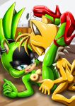  1boy 1boy1girl 1girl animal_ears anthro bbmbbf black_nose blue_eyes breasts closed_eyes edit edited erect_nipples furry green_fur half-closed_eyes high_heels leg_wrap miles_&quot;tails&quot;_prower mobius_unleashed nipples open_mouth palcomix penis piercing sega sex sharp_teeth sonic_*(series) sonic_the_hedgehog_(series) surge_the_tenrec tongue tongue_out vaginal vaginal_penetration yellow_fur 