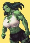  1girl 1girl 2022 abs bare_arms bare_legs bare_midriff bare_shoulders biceps big_breasts big_breasts breasts clothed_female comic_book_character female_focus female_only green_body green_eyes green_hair green_skin huge_breasts hulk_(series) looking_at_viewer marvel marvel_comics mature mature_female mikel_bk muscular muscular_arms muscular_ass muscular_back muscular_female muscular_legs muscular_thighs ripped_pants she-hulk six_pack smiling_at_viewer solo_female solo_focus superheroine tagme triceps yellow_background 