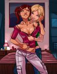 2_girls 2girls arm arms art babe bare_shoulders bed big_breasts black_bra blonde blonde_hair blush book bra breasts brown_hair camisole candle cleavage collarbone dark_skin female from_behind ganassa hairband half-closed_eyes hand_holding hand_on_head head_grab hug hug_from_behind hugging indoors inside interracial lamp lips looking_at_another love midriff multiple_girls naughty_face neck off_shoulder open_clothes open_shirt pants pillow room shiny shiny_hair shiny_skin short_hair smile standing strap_slip tank_top teeth twin_tails undressing yuri zipper