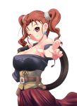  bare_shoulders blush breasts cleavage corset dragon_quest dragon_quest_viii dress earrings highres jessica_albert jessica_albert_(dragon_quest) jewelry katori_(mocchidou) red_eyes red_hair simple_background smile solo square_enix standing whip 