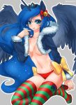  1girl animal_ears anthro anthrofied bell blue_hair boots bow crown feathered_wings female friendship_is_magic fur_trim green_eyes high_heels high_res highres horn horse_ears humanized jacket long_hair long_sleeves my_little_pony my_little_pony_friendship_is_magic navel no_bra panties princess_luna racoon-kun red_panties smile stockings striped striped_legwear thigh_boots thigh_high_boots thighhighs underwear wings 