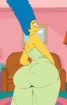  1_girl 1girl ass big_ass couch female female_only green_dress looking_at_viewer looking_back marge_simpson milf solo tagme the_simpsons yellow_skin 