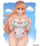  1girl 1girl 1girl alluring big_breasts cleavage daymandraws female_only mythra nintendo one-piece_bikini swimsuit xenoblade_(series) xenoblade_chronicles_2 