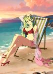  1girl 1girl 1girl absurd_res alluring alternate_costume alternate_hairstyle artist_name bare_legs beach beach_chair big_breasts bikini cleavage cloud female_only fire_emblem fire_emblem_awakening fire_emblem_heroes green_eyes green_hair hair_ornament high_res long_hair looking_at_viewer navel nintendo ocean official_alternate_costume orange_sky outside pointy_ears r3dfive red_bikini red_footwear sand sandals see-through sitting sky stomach sunlight sunset swimsuit tiki_(adult)_(fire_emblem) tiki_(adult)_(summer)_(fire_emblem) tiki_(fire_emblem) toes water wet 