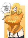  blush bottomless breasts elena_(kobi) garter_straps halloween high_res huge_breasts jack-o&#039;-lantern kobi-tfs looking_at_viewer original pumpkin_breasts purple_eyes queen royalty simple_background smiling_at_viewer stockings sweater thick_thighs wide_hips 