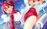  1_girl 1girl animal ass bird cameltoe cleft_of_venus clothes_pull cloud day hair_ornament highres hover_bike isshiki_akane jacket jewelry looking_at_viewer mikan_(bananoha) open_mouth paper pendant pulled_by_another red_eyes red_hair riding short_hair short_shorts shorts shorts_pull sky solo track_jacket trefoil twintails uso-kun vividred_operation 