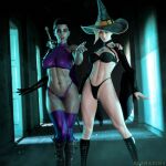  2_girls 3d blankpins female_only fit_female grey_skin halloween legacy_of_kain mercy_(overwatch) overwatch pharah purple_panties spooky sword umah undead vampire witch witch_costume witch_hat 