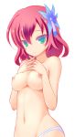  1girl 3: anime blue_panties blush breast_suppress breasts female green_eyes hair_ornament hands_clasped human hyonsan2 looking_at_viewer navel nipples no_game_no_life nude panties panties_only pink_hair red_hair short_hair simple_background solo stephanie_dora topless underwear underwear_only white_background white_panties 