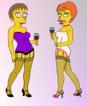 1girl 2_girls comic corset female_only high_heels isabelle_(simpsons_oc) jeanne_(simpsons_oc) lingerie paulibus2001 stockings the_simpsons wine wine_glass