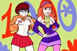  2_girls 2girls bespectacled breasts brown_hair clothed daphne_blake dress exposed_breasts female female_human female_only flashing glasses hairband human long_red_hair no_bra partially_clothed purple_hairband red_hair redhead scarf scooby-doo short_brown_hair skirt standing tagme velma_dinkley 