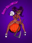 1girl axe bikini evil_grin halloween pointy_ears skull smile solo_female solo_focus string_panties thong weapon