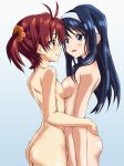  2_girls 2girls ahoge art artist_request ass asymmetrical_docking bad_id blue_eyes blue_hair blush breast_press breasts brown_eyes brown_hair eye_contact female friends from_side futaba_aoi_(vividred_operation) hairband highres hug hugging incipient_kiss isshiki_akane lips long_hair looking_at_another love multiple_girls nude open_mouth short_hair smile symmetrical_docking twintails vividred_operation yukirayzi yuri 