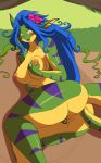 anthro blue_hair breasts chalo chalodillo chalosan curvy_figure cute_fangs female fingering_pussy flower_in_hair furry gecko geecku green_body las_lindas las_lindas_(series) lizard multicolored_body non-mammal_breasts reptile scalie striped_body stripes thick_tail webcomic webcomic_character yellow_body yellow_eyes