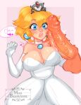  1girl big_breasts blonde_hair bowser cleavage disembodied_penis dress elbow_gloves imminent_sex looking_at_penis mario_(series) missbehaviour monster_cock nintendo penis princess_peach super_mario_odyssey veiny_penis wet 