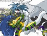 anthro blue_hair breasts chalo chalodillo chalosan curvy_figure cute_fangs female flower_in_hair furry gecko geecku green_body las_lindas las_lindas_(series) lizard multicolored_body mythrill_(oc) non-mammal_breasts reptile scalie scalie_milf striped_body stripes thick_tail vaginal webcomic webcomic_character yellow_body yellow_eyes