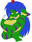1girl anthro anthro_only big_breasts blue_hair breast_squish breasts countershading covering covering_breasts covering_self curvy_figure cute_fangs female female_only flower_in_hair furry gecko geecku green_body hair half-length_portrait holding_breast las_lindas las_lindas_(series) lizard long_hair looking_at_viewer multicolored_body nipples non-mammal_breasts non-mammal_nipples nude portrait purple_stripes reptile scalie skidd solo squish striped_body stripes thick_tail topless_anthro topless_female webcomic webcomic_character white_background yellow_body yellow_eyes