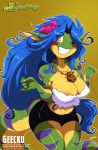 1girl anthro anthro_only big_breasts blue_hair breasts brown_background chalo chalodillo chalosan character_name copyright_name curvy_figure cute_fangs female female_only flower_in_hair furry gecko geecku green_body las_lindas las_lindas_(series) lizard multicolored_body non-mammal_breasts one_eye_closed reptile scalie simple_background striped_body stripes thick_tail topless_female webcomic webcomic_character wink yellow_body yellow_eyes