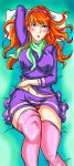  blue_eyes daphne_blake dress hairband panties partially_clothed red_hair scarf scooby-doo stockings tagme 