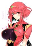 1girl bangs blush breasts cleavage earrings hair_ornament heart-shaped_pupils heroine jewelry looking_at_viewer nintendo nipple_bulge pyra red_eyes red_hair short_hair smile swept_bangs xenoblade xenoblade_(series) xenoblade_chronicles_2