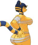  1girl 2019 animal_crossing ankha ankha_(animal_crossing) annoyed anthro ass bandage big_ass big_breasts blue_fur blue_hair bracelet breasts claws collar danonymous derisive domestic_cat felid feline felis fur furry hair hand_on_butt high_res jewelry looking_at_viewer mammal nintendo simple_background standing striped_tail stripes video_games voluptuous yellow_fur 