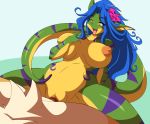 anthro blue_hair breasts chalo chalodillo chalosan cowgirl_position curvy_figure cute_fangs female flower_in_hair furry gecko geecku green_body las_lindas las_lindas_(series) lizard multicolored_body non-mammal_breasts reptile scalie striped_body stripes thick_tail vaginal webcomic webcomic_character yellow_body yellow_eyes