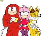 1girl 2boys amy_rose anthro ball_size_difference balls big_penis blush canid canine clothed clothing dj_cvdz_(artist) echidna english_text eulipotyphlan excito female fox furry genitals glans gloves green_eyes group handwear hedgehog knuckles_the_echidna male male/female mammal miles_&quot;tails&quot;_prower monotreme musical_note nipples nude penis penis_size_difference pink_glans pink_nipples red_balls red_penis shrug simple_background smile sonic_the_hedgehog_(series) text uncut video_games white_background yellow_balls yellow_penis 