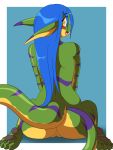 anthro blue_hair breasts chalo chalodillo chalosan curvy_figure cute_fangs female flower_in_hair gecko geecku green_body las_lindas las_lindas_(series) lizard multicolored_body non-mammal_breasts reptile scalie striped_body stripes thick_tail webcomic webcomic_character yellow_body yellow_eyes