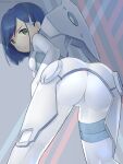 1girl annoyed arm_at_side artist_name ass bent_over blue_hair bob_cut bodysuit breasts cowboy_shot darling_in_the_franxx dat_ass female female_only from_behind furrowed_brow green_eyes hair_ornament hairclip high_res hirota_fruit hood hood_down ichigo_(darling_in_the_franxx) leaning_forward looking_at_viewer looking_back loose_hair_strand parted_lips pilot_suit short_hair skin_tight small_breasts solo_female swept_bangs twitter_username white_bodysuit