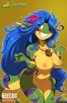 anthro blue_hair breasts chalo chalodillo chalosan curvy_figure cute_fangs female flower_in_hair furry gecko geecku green_body las_lindas las_lindas_(series) lizard multicolored_body non-mammal_breasts reptile scalie striped_body stripes thick_tail webcomic webcomic_character yellow_body yellow_eyes