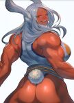  1girl alluring arms ass ass_focus bare_shoulders biceps big_ass breasts bunny_ears bunny_girl clothed dark-skinned_female dark_skin dat_ass firm_ass from_behind ibuoo long_hair looking_at_viewer looking_back mirko miruko_(my_hero_academia) muscle muscular_ass muscular_female muscular_thighs my_hero_academia non-nude presenting red_eyes round_ass rumi_usagiyama sexy sideboob slut standing tail tan tank_top thick_thighs thong usagiyama_rumi white_hair wide_hips 