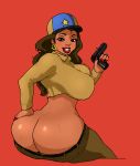  1girl ass breasts bubble_butt clothes cop disney earrings gun hand_on_ass hand_on_own_ass horny jay-marvel large_ass large_breasts lips looking_at_viewer looking_back mooning pants pants_down police police_officer round_ass smile solo star sunset_boulevardez sweat teeth the_proud_family weapon wide_hips wife 